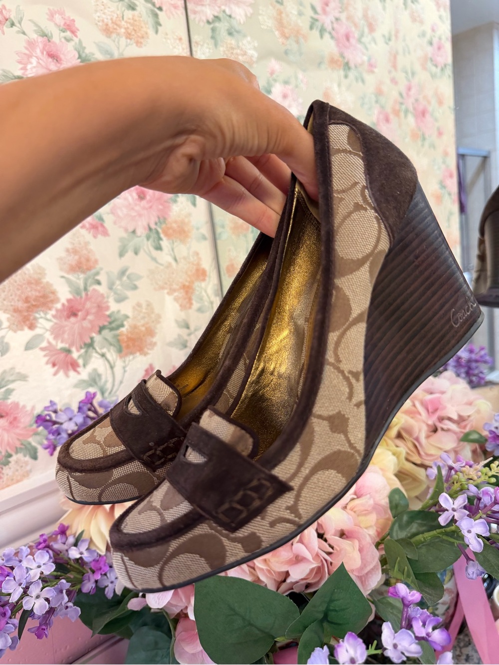 Y2K Coach Signature Canvas Brown Wedge Loafers